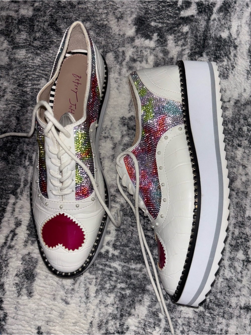 Betsey Johnson White Platform Wingtip Oxfords with Multicolor Sparkle - Picture 2 of 4